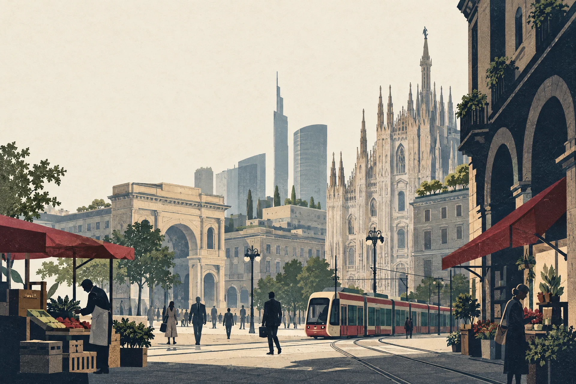 Illustrazione di un quartiere urbano e attività economiche