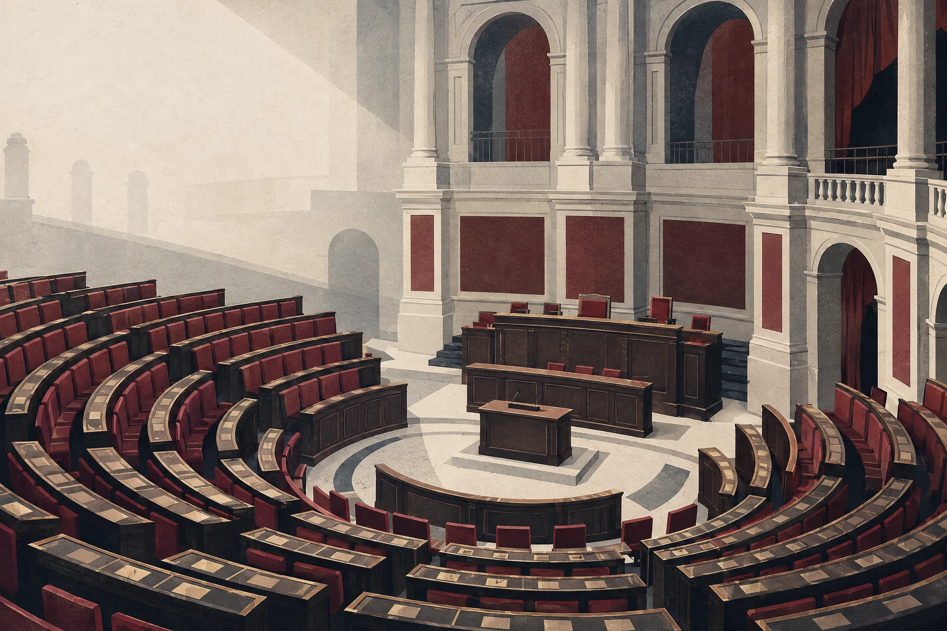 Illustrazione editoriale di un'aula parlamentare senza persone
