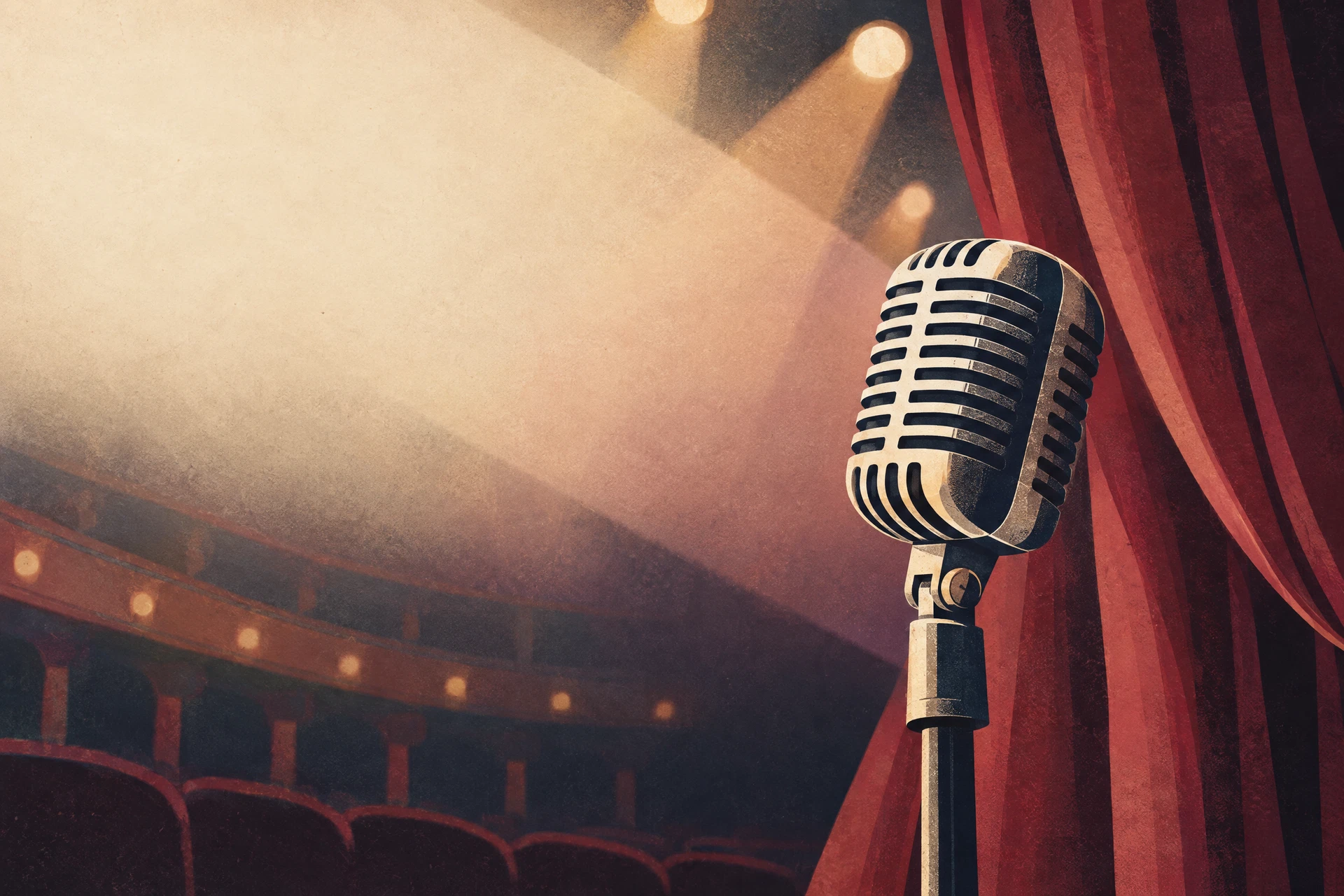 Illustrazione di un microfono davanti a un sipario teatrale